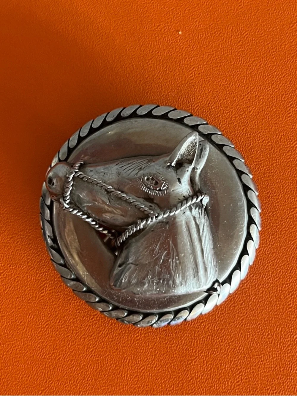 Vintage western-style belt buckle features a sculpted horse head,